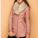 Faux Leather Coat with Fur Collar-Jackets & Coats-Moda Me Couture