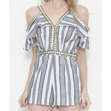 Nautical Cold Shoulder Striped Romper-Pants-Moda Me Couture