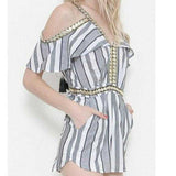 Nautical Cold Shoulder Striped Romper-Pants-Moda Me Couture