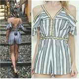 Nautical Cold Shoulder Striped Romper-Pants-Moda Me Couture
