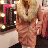 Faux Leather Coat with Fur Collar-Jackets & Coats-Moda Me Couture