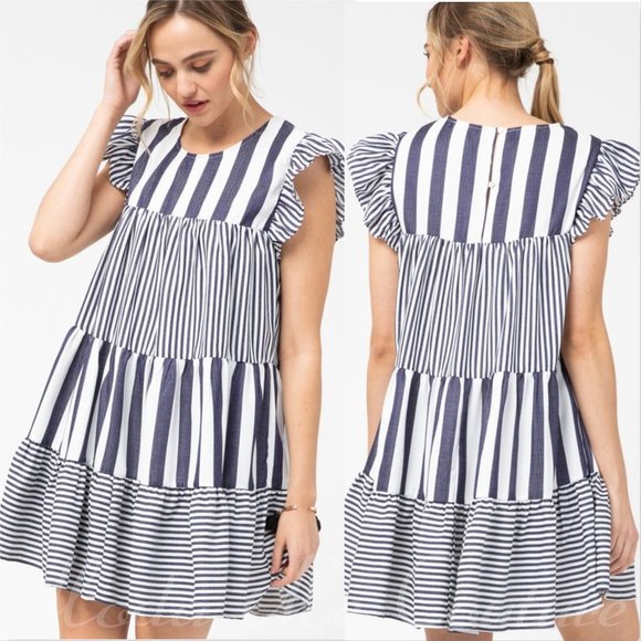 Ruffled Hem Striped V-Neck Babydoll Dress for Women