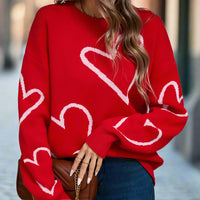 Heart Print Dropped Shoulder Long Sleeve Sweater