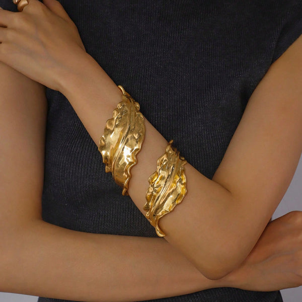 Gold Metal Leaf Open Bangle Bracelet