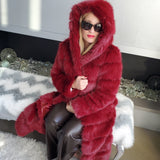 Burgundy Elegant Luxury Faux Fur Hooded Long Coat