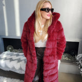 Burgundy Elegant Luxury Faux Fur Hooded Long Coat