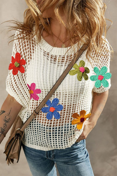 Women Crochet Flower Hollow-out Sweater T Shirt