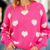 Heart Round Neck Drop Shoulder Sweater Hot Pink