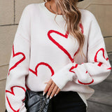 Heart Print Dropped Shoulder Long Sleeve Sweater