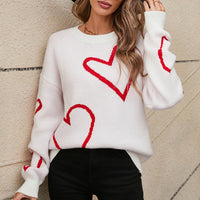 Heart Print Dropped Shoulder Long Sleeve Sweater