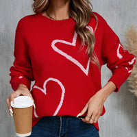 Heart Print Dropped Shoulder Long Sleeve Sweater