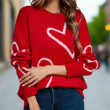 Heart Print Dropped Shoulder Long Sleeve Sweater