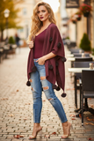 Burgundy Pom Pom Poncho Three-Quarter