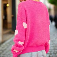 Heart Round Neck Drop Shoulder Sweater Hot Pink