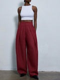 Burgundy Casual Women's Design Pleated Loose Wide-Leg Suit Pant