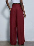 Burgundy Casual Women's Design Pleated Loose Wide-Leg Suit Pant