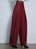 Burgundy Casual Women's Design Pleated Loose Wide-Leg Suit Pant