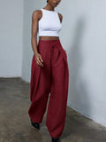 Burgundy Casual Women's Design Pleated Loose Wide-Leg Suit Pant