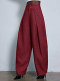 Burgundy Casual Women's Design Pleated Loose Wide-Leg Suit Pant