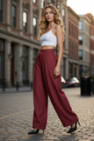 Burgundy Casual Women's Design Pleated Loose Wide-Leg Suit Pant