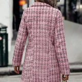 Pink Elegant Women's Plaid Pattern Double Breasted Tweed Overcoat