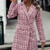 Pink Elegant Women's Plaid Pattern Double Breasted Tweed Overcoat