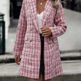 Pink Elegant Women's Plaid Pattern Double Breasted Tweed Overcoat