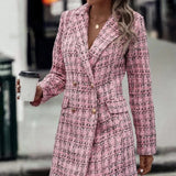 Pink Elegant Women's Plaid Pattern Double Breasted Tweed Overcoat