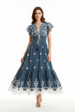 Blue Boho Women's Embroidered Lace Patchwork V-Neck Maxi Dress