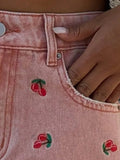 Pink Casual Women's cherry embroidered Frayed Hem Printed Denim Shorts
