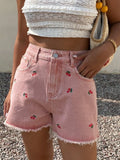 Pink Casual Women's cherry embroidered Frayed Hem Printed Denim Shorts