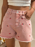 Pink Casual Women's cherry embroidered Frayed Hem Printed Denim Shorts