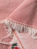 Pink Casual Women's cherry embroidered Frayed Hem Printed Denim Shorts