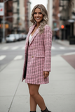 Pink Elegant Women's Plaid Pattern Double Breasted Tweed Overcoat