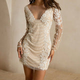 Champagne Party Women's Beaded Long Sleeve Dress