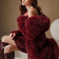 Burgundy Elegant Luxury Faux Fur Hooded Long Coat