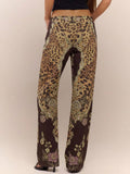 Brown Casual Women's Tiger Print Lace-Up Straight Leg Jeans
