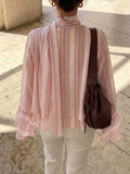Baby Pink Casual Women's Striped Chiffon Blouse with Ruffle Trim