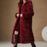 Burgundy Elegant Luxury Faux Fur Hooded Long Coat