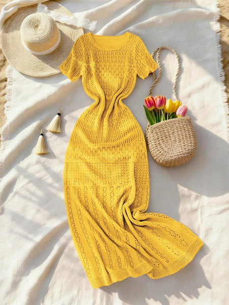 Mustard Yellow Sexy Women's Knitted Sweater Dress L