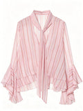Baby Pink Casual Women's Striped Chiffon Blouse with Ruffle Trim