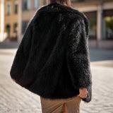 Glamorous Lapel Neck Slant Pockets Faux Fur Coat Black