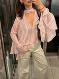 Baby Pink Casual Women's Striped Chiffon Blouse with Ruffle Trim