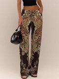 Brown Casual Women's Tiger Print Lace-Up Straight Leg Jeans