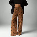 Brown High Waisted Casual Women's Wide Leg Polka Dot Jeans