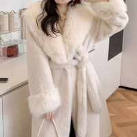 Glam Girl Cream Women's Luxury Ultra Plush Open Front Belted Fuzzy Faux Fur Coat