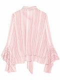 Baby Pink Casual Women's Striped Chiffon Blouse with Ruffle Trim