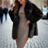 Glamorous Lapel Neck Slant Pockets Faux Fur Coat Black