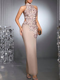 Apricot 3D Floral Sleeveless Collar Hollow Back High Slit Maxi Dress
