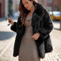 Glamorous Lapel Neck Slant Pockets Faux Fur Coat Black